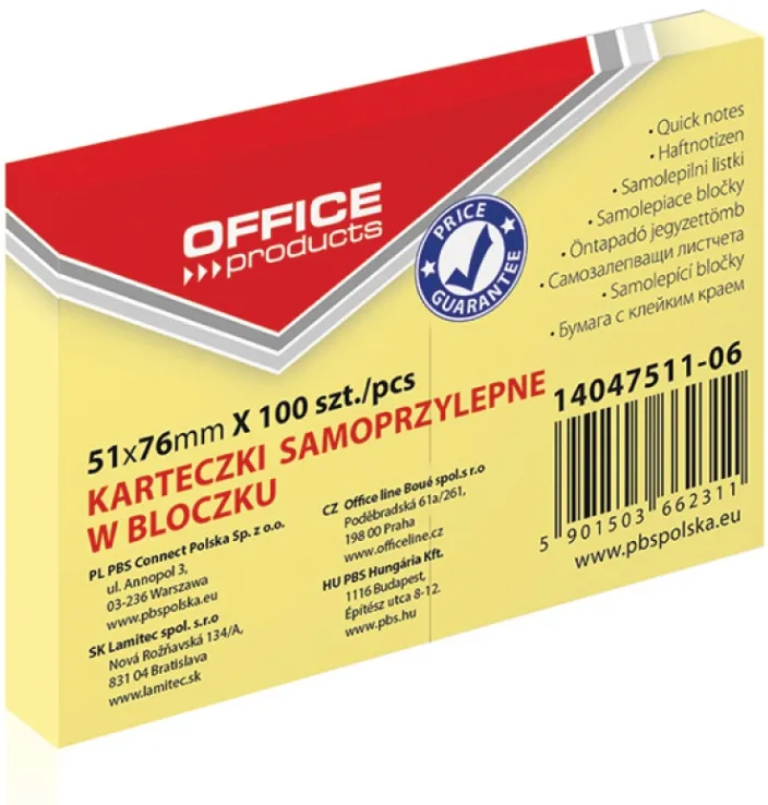 Office Products Notes autoadeziv 51 x 76 mm, 100buc/set, Office Products - galben pastel
