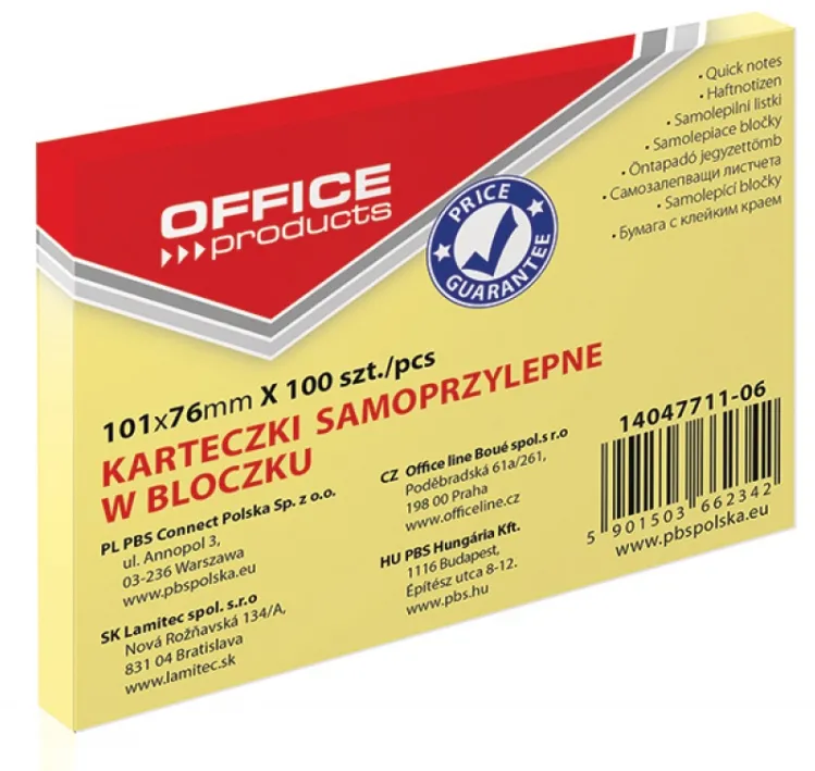 Office Products Notes autoadeziv 76 x 101 mm, 100buc/set, Office Products - galben pastel