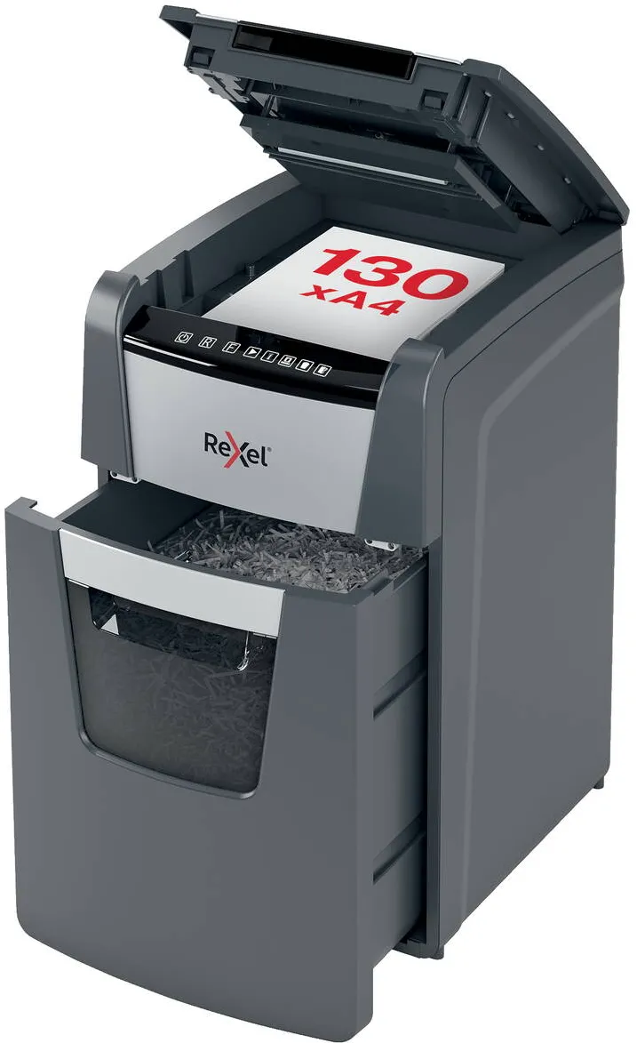 Rexel Distrugator documente automat REXEL Optimum 130M, P5, micro-cut, 130 coli, cos 44l, negru-gri