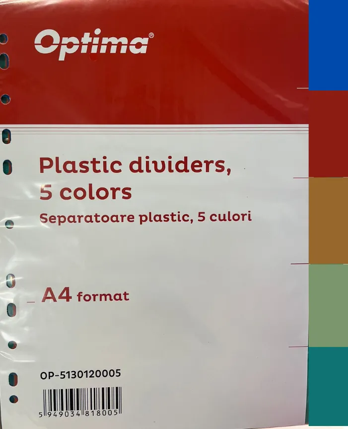 Optima - prod din plastic Separatoare plastic color, A4, 120 microni, 5 culori/set, Optima