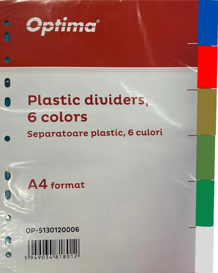 Optima - prod din plastic Separatoare plastic color, A4, 120 microni, 6 culori/set, Optima