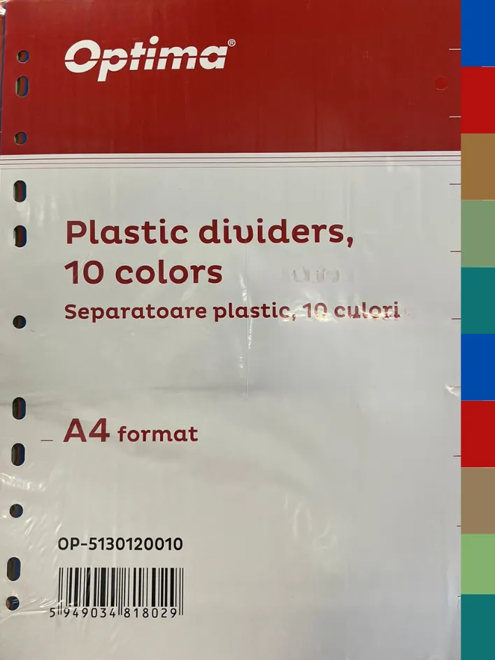 Optima - prod din plastic Separatoare plastic color, A4, 120 microni, 10 culori/set, Optima