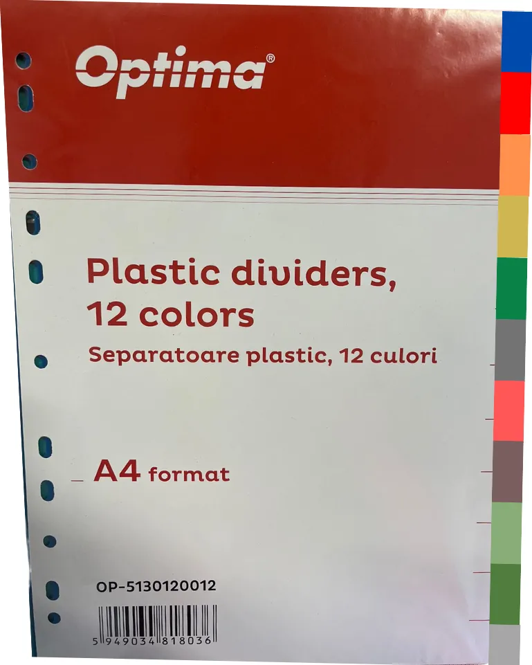 Optima - prod din plastic Separatoare plastic color, A4, 120 microni, 12 culori/set, Optima