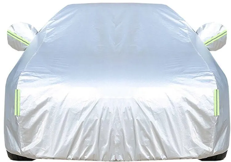 DEMCiflex Husa auto SUV cu benzi reflectorizante, buzunare pentru oglinzi, fermoar usa sofer, argintiu, 4.9-5.2m, set de depozitare
