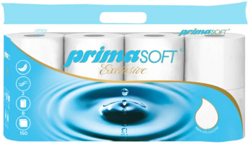 Prima Soft Hartie igienica alba, 100% celuloza, 2 straturi, 17.55m x 9cm, 8 role/bax, Prima Soft Exclusive