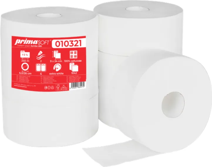 Prima Soft Hartie igienica alba, 100% celuloza, 2 straturi, 250m, 6 role/bax, Prima Soft Jumbo 280