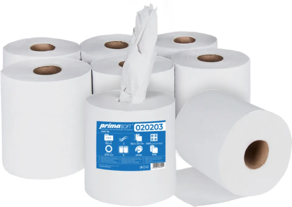 Prima Soft Prosop rola hartie alba, reciclata, derulare centrala, 155m-2 straturi, 6 role/bax, Prima Soft Maxi