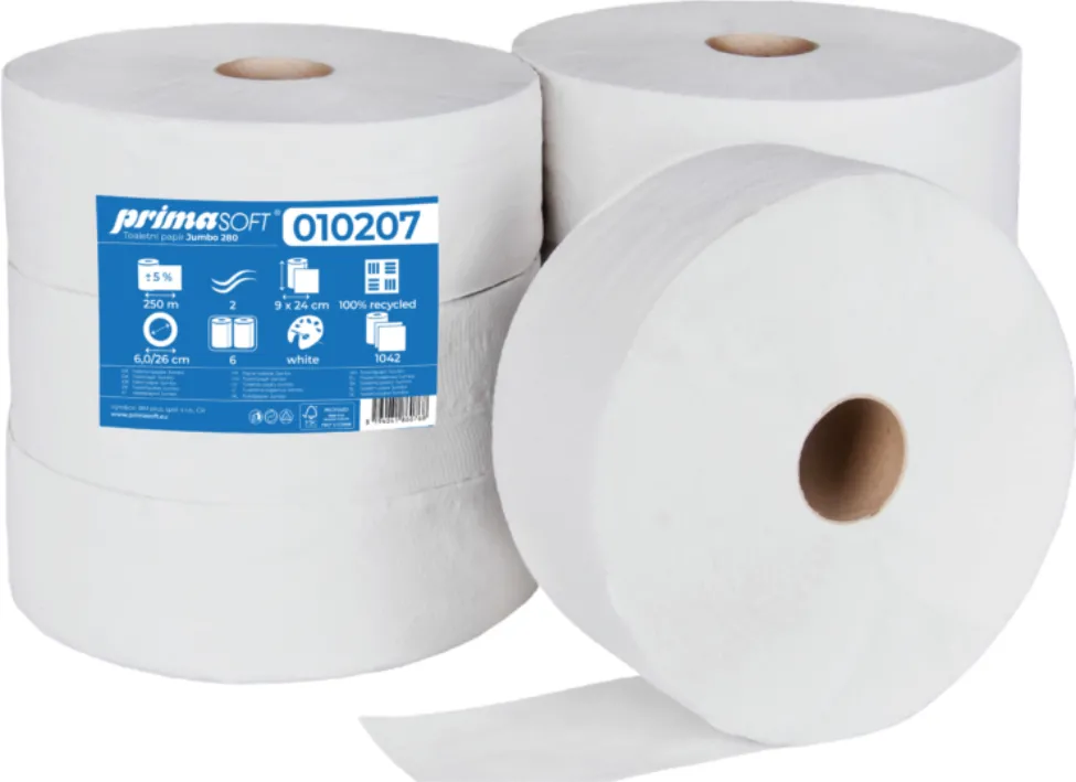 Prima Soft Hartie igienica alba, reciclata, 2 straturi, 250m, 6 role/bax, Prima Soft Jumbo 280