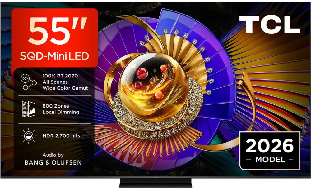 Televizor TCL SQD-MiniLed 55C7L, 139 cm, Smart Google TV, 4K Ultra HD, 144Hz, Sunet Bang & Olufsen, Clasa E (Model 2026)