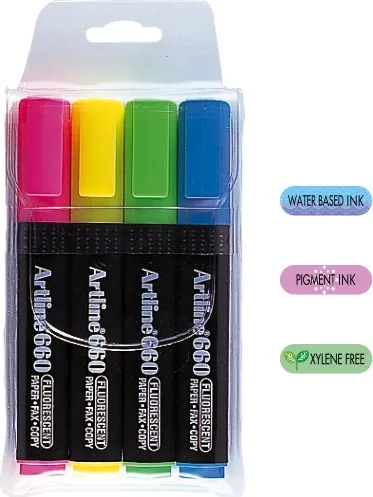 Artline Textmarker Artline 660, varf tesit 1.0-4.0mm, 4 culori/set - (YE,PK,GR,LBL)