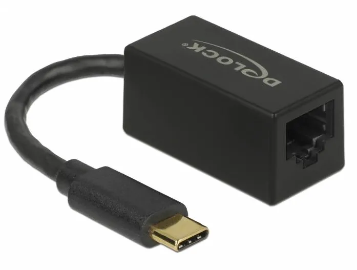 Adaptor DELOCK 65904, Adaptor USB SuperSpeed (USB 3.2 Gen 1) cu conector tata USB Type-C™ > LAN Gigabit de 10/100/1000 Mbps compact negru