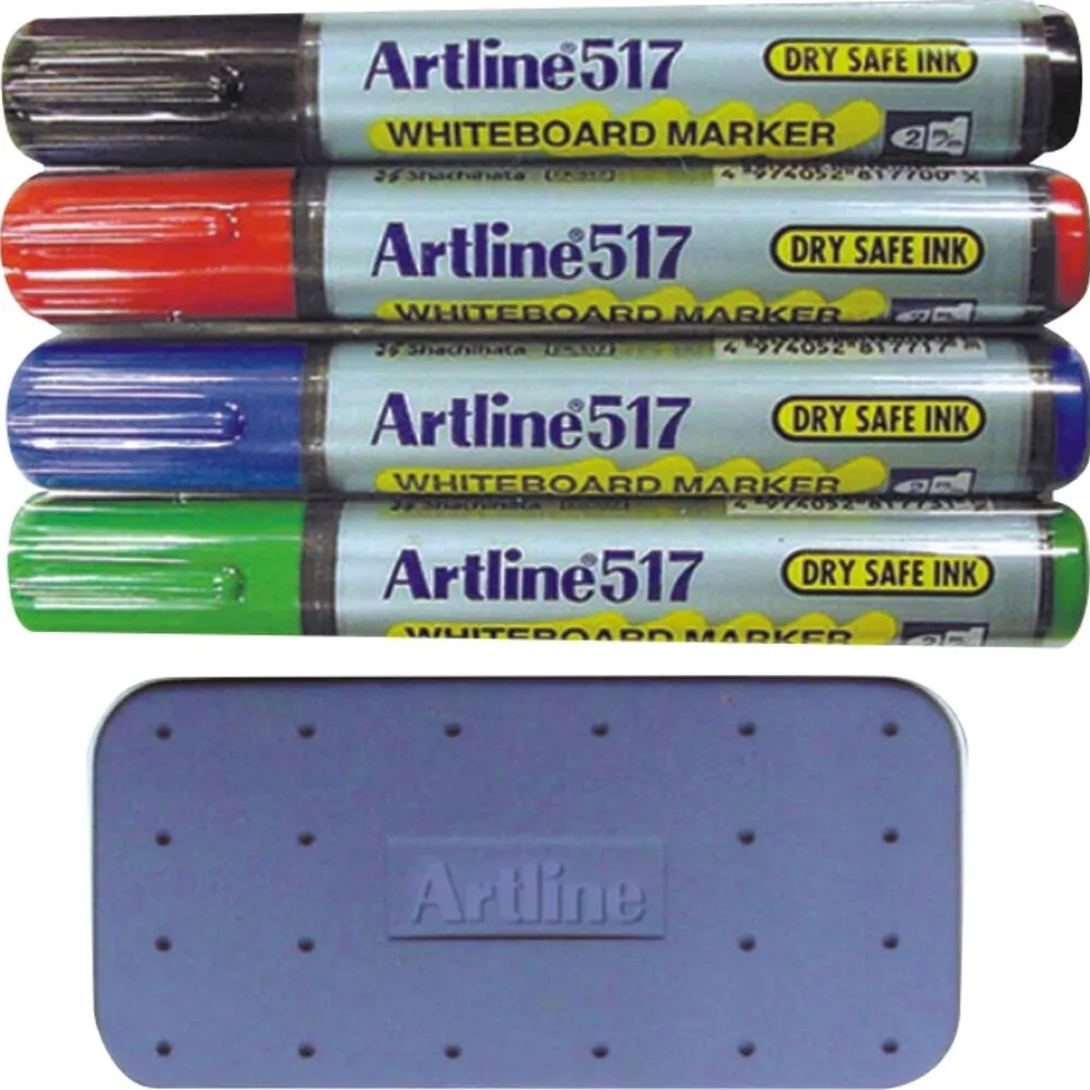 Artline Kit markere tabla+burete magnetic + 25ml lichid curatare, ARTLINE 517, 4 cul/set, varf rotund 2.0mm