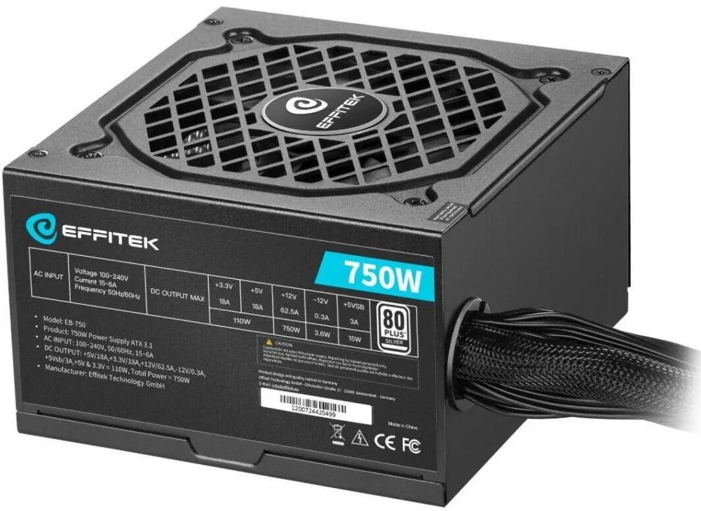 Sursa PC EFFITEK Sursa de alimentare EFFITEK 750W ATX 3.1, PCI 5.1, argintie