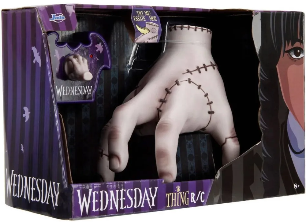 Masina Jada Jucarie interactiva, Jada Toys, Mana cu telecomanda Wednesday Addams, 18cm, plastic moale, culori realiste
