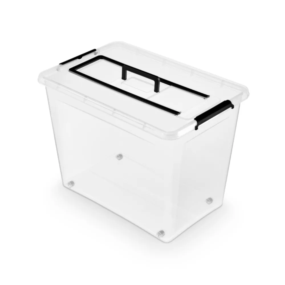 Nanobox Container plastic cu capac, transparent, ORPLAST Simple box - capacitate 80L - cu maner si rotile