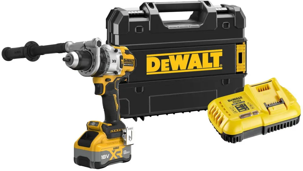 DeWalt Masina compacta de gaurit si insurubat (bormasina) pe acumulator cu percutie DeWALT DCD1007WW1T, 18V, motor fara perii, iluminare LED, 1x acumulator 8 Ah Li-Ion, sistem anti-rotatie, cuplu 169 Nm, 2250 RPM, 38.250 percutii/min, cutie TSTAK