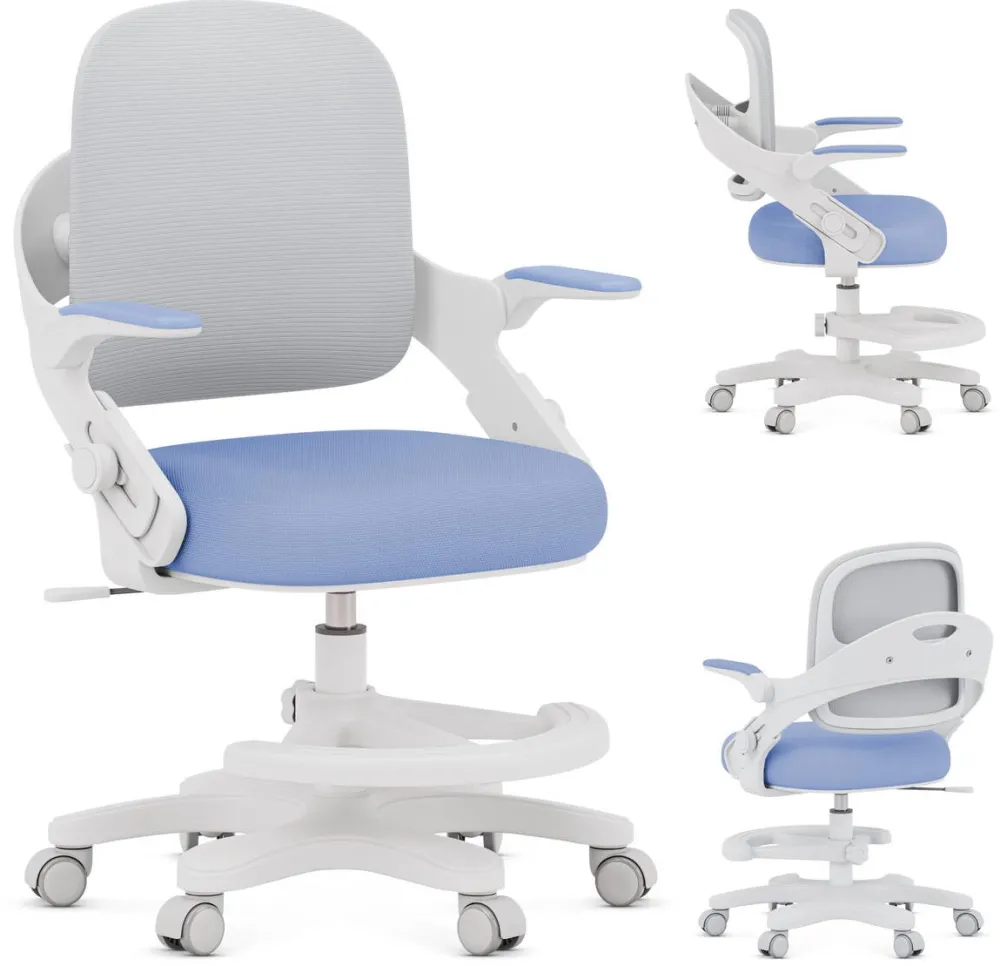 MARK ADLER Scaun de Birou pentru Copii, Mark Adler, Junior 4.3, Pivotant, reglabil, ergonomic, cu role silentioase, pentru inaltimi de 90–150 cm, tesatura din plasa, asamblare fara suruburi, gri-albastru