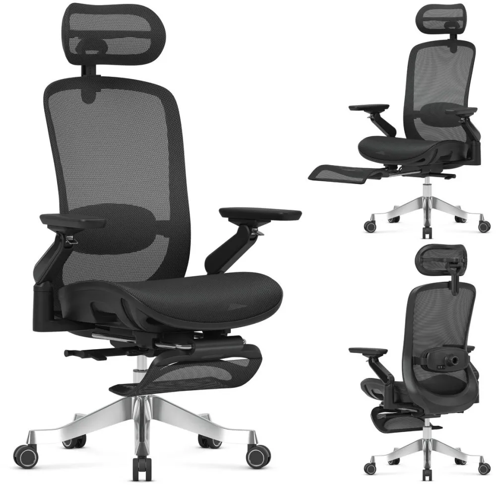 MARK ADLER Scaun de birou Mark Adler Leadpro 8.7, Masaj, Tetiera 4D, Brate 6D, Suport picioare extensibil, Spatar ergonomic din plasa, Mecanism de inclinare 90-145 grade, Baza aluminiu, Sarcina maxima 130 kg, Certificare BIFMA, Reglaj sezut, Negru