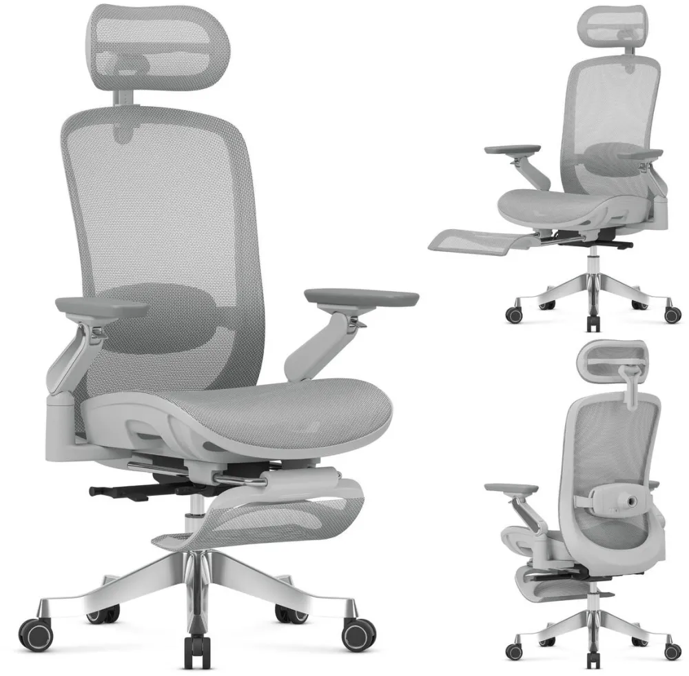 MARK ADLER Scaun de birou Mark Adler Leadpro 8.7, masaj, ergonomic, mesh, tetiera 4D, brate 6D reglabile, suport picioare extensibil, material plasa respirabil, baza aluminiu, sarcina 130 kg, roti PU silentioase, mecanism multifunctional, BIFMA, Gri
