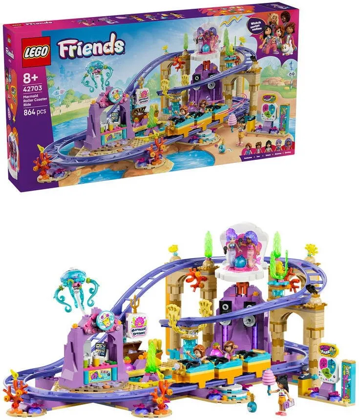 LEGO Set de constructie LEGO® Friends Roller-coaster cu sirene 42703, Jucarii pentru Copii, Jucarii pentru Fete si Baieti, Idee de Cadou pentru Copii, 864 piese