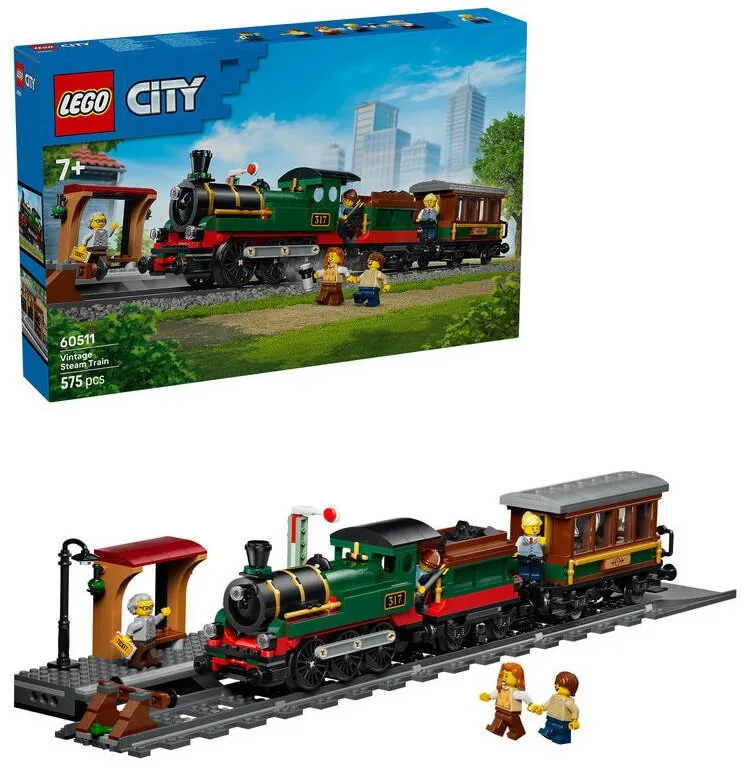 LEGO Set de constructie LEGO® City Tren cu aburi vintage 60511, Jucarii pentru Copii de 7+ ani, Jucarii pentru Baieti si Fete, Tren de Jucarie, Idee de Cadou pentru Copii