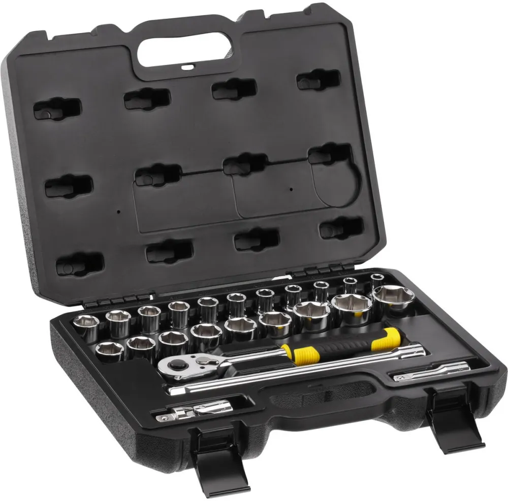 STANLEY Set clicheti si chei tubulare 1/2 inch Stanley STMT82830-1, 72 dinti, 24 piese, include 1 clichet 1/2 in. si 9 chei tubulare (12 puncte), mecanism reversibil cu opritor, 5° arc pentru acces imbunatatit, buton eliberare rapida