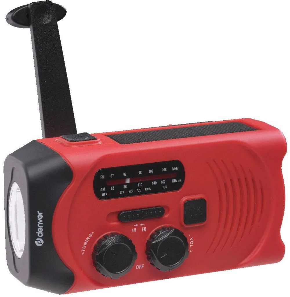 DENVER Radio portabil cu manivela si lanterna LED, DENVER SCR-2010, solar, 2000mAh, negru/rosu, 14.5x6.5x7.8cm