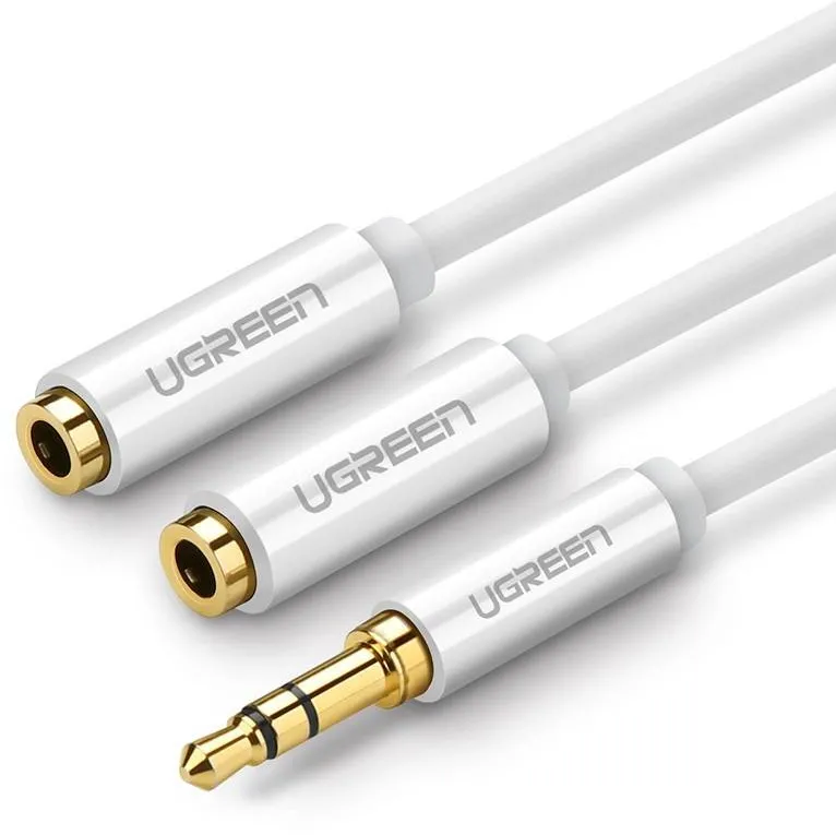 UGREEN CABLU audio , "AV134" stereo 3.5 mm jack (T) la 2 x 3.5 mm jack (M), 0.25 m, conectori auriti, alb
