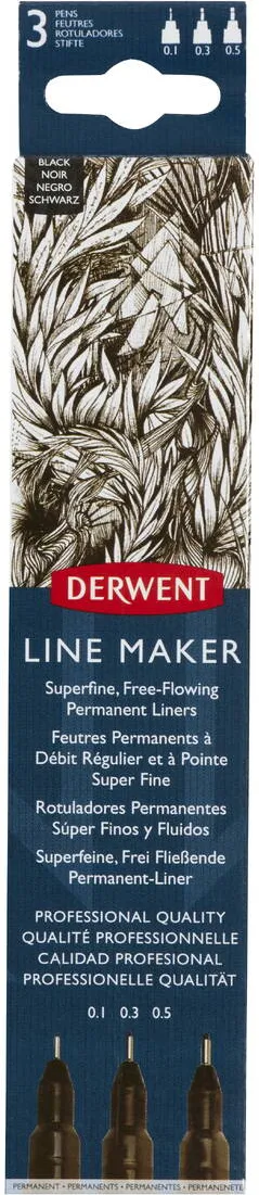 DERWENT Liner DERWENT Professional, 3 dimensiuni, varf subtire si uscare rapida, 3 buc/set, negru