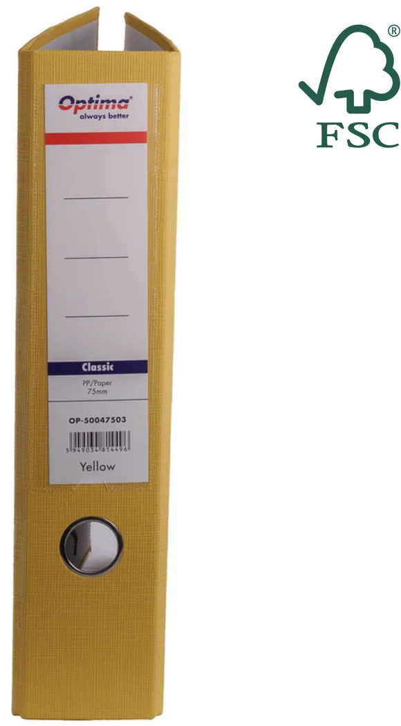 Optima - Clasic & Premium Biblioraft A4, plastifiat PP/paper, margine metalica, 75 mm, Optima Classic - galben