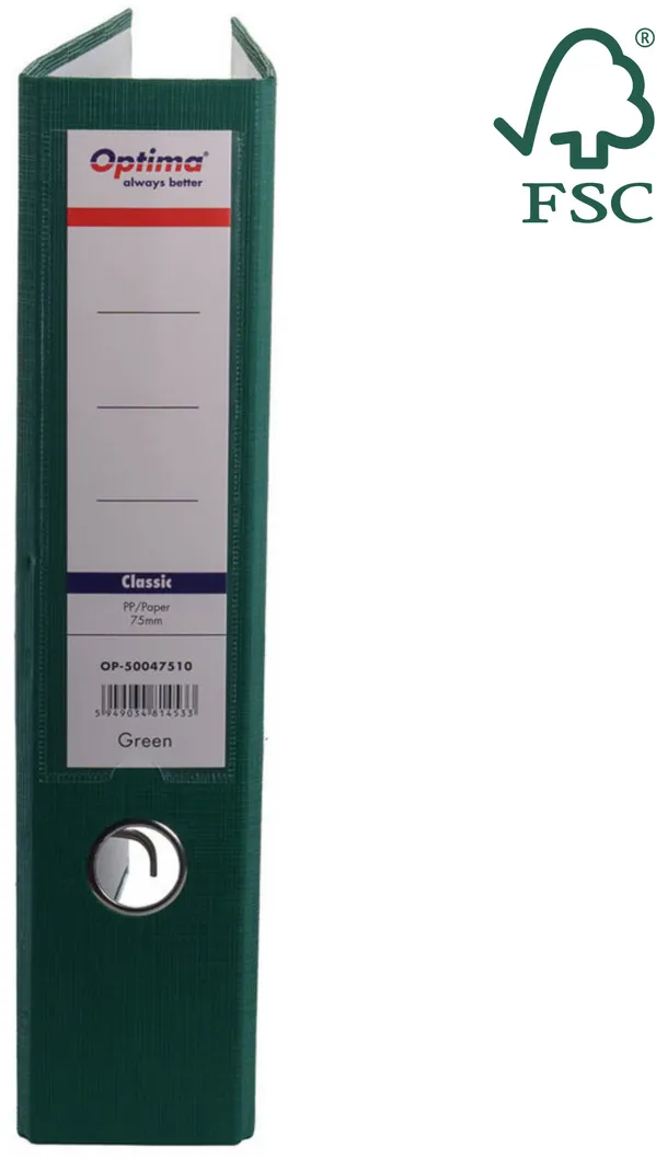 Optima - Clasic & Premium Biblioraft A4, plastifiat PP/paper, margine metalica, 75 mm, Optima Classic - verde