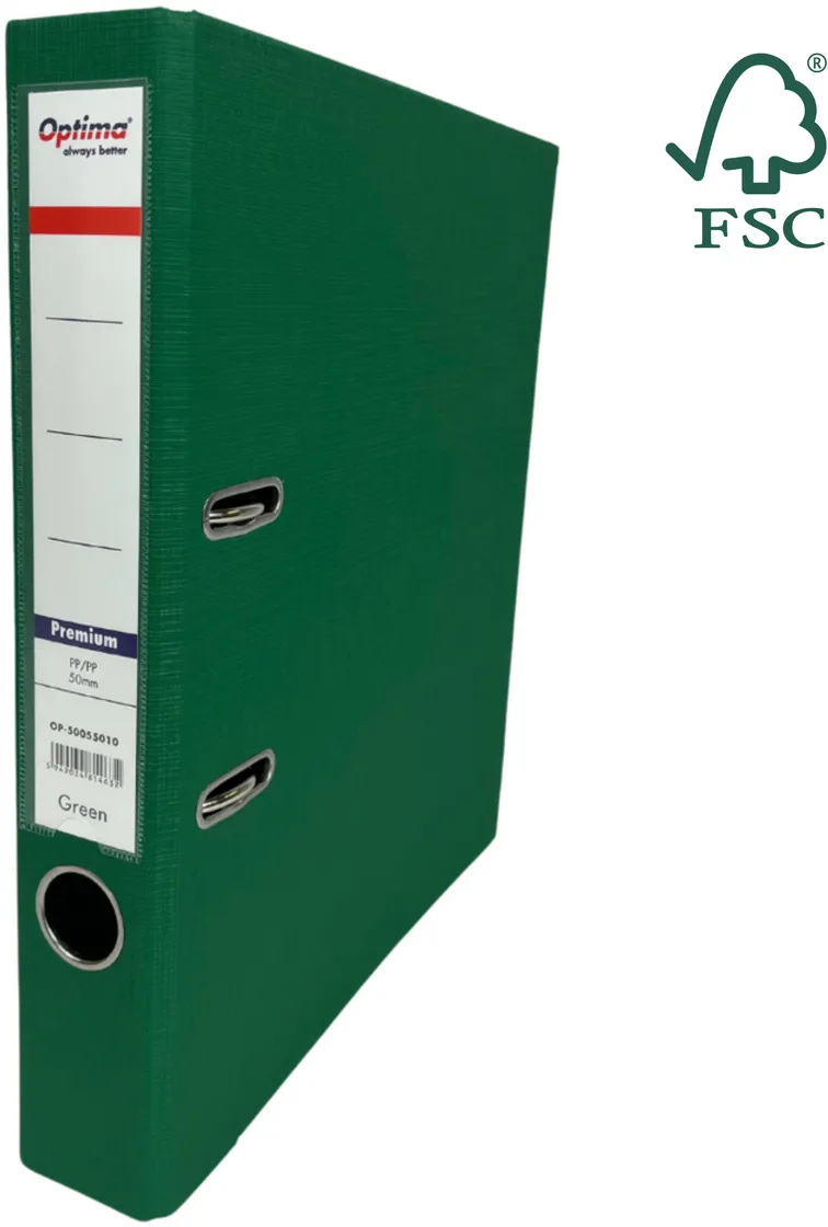 Optima - Clasic & Premium Biblioraft A4, plastifiat PP/PP, margine metalica, 50 mm, Optima Premium - verde