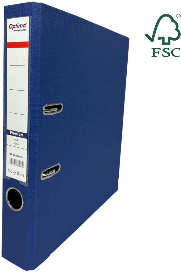 Optima - Clasic & Premium Biblioraft A4, plastifiat PP/PP, margine metalica, 50 mm, Optima Premium - bleumarin