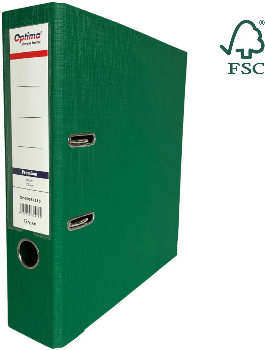 Optima - Clasic & Premium Biblioraft A4, plastifiat PP/PP, margine metalica, 75 mm, Optima Premium - verde