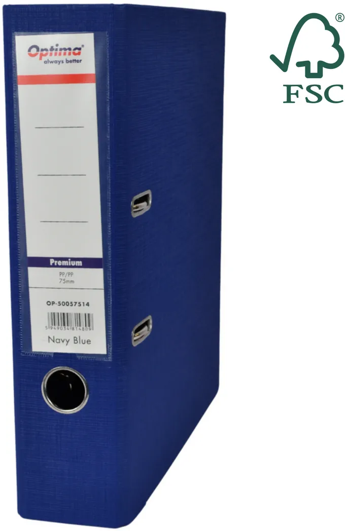 Optima - Clasic & Premium Biblioraft A4, plastifiat PP/PP, margine metalica, 75 mm, Optima Premium - bleumarin