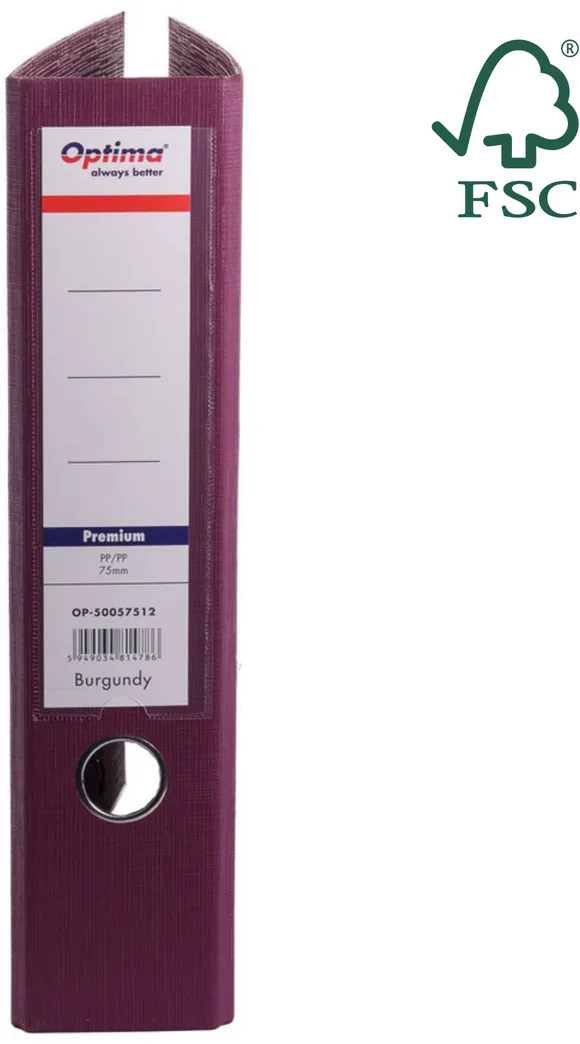 Optima - Clasic & Premium Biblioraft A4, plastifiat PP/PP, margine metalica, 75 mm, Optima Premium - visiniu