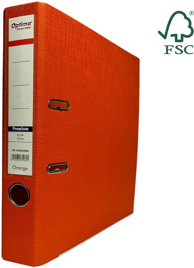 Optima - Clasic & Premium Biblioraft A4, plastifiat PP/PP, margine metalica, 50 mm, Optima Premium - portocaliu