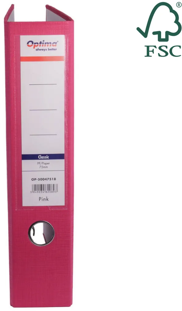 Optima - Clasic & Premium Biblioraft A4, plastifiat PP/paper, margine metalica, 75 mm, Optima Classic - pink
