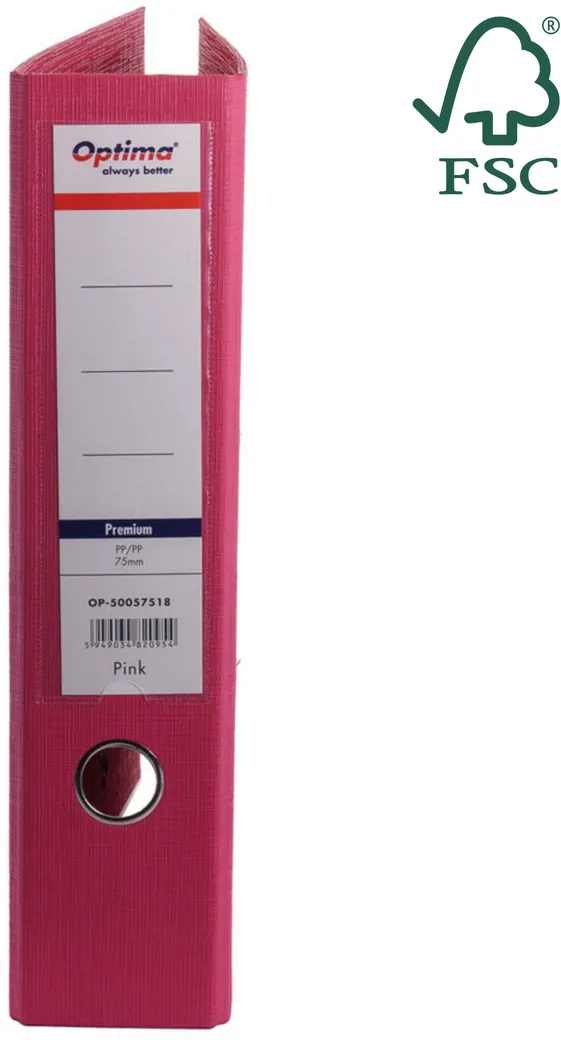 Optima - Clasic & Premium Biblioraft A4, plastifiat PP/PP, margine metalica, 75 mm, Optima Premium - pink