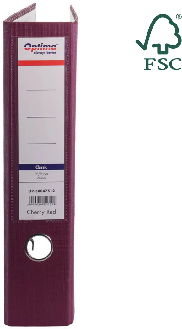 Optima - Clasic & Premium Biblioraft A4, plastifiat PP/paper, margine metalica, 75 mm, Optima Classic - visiniu