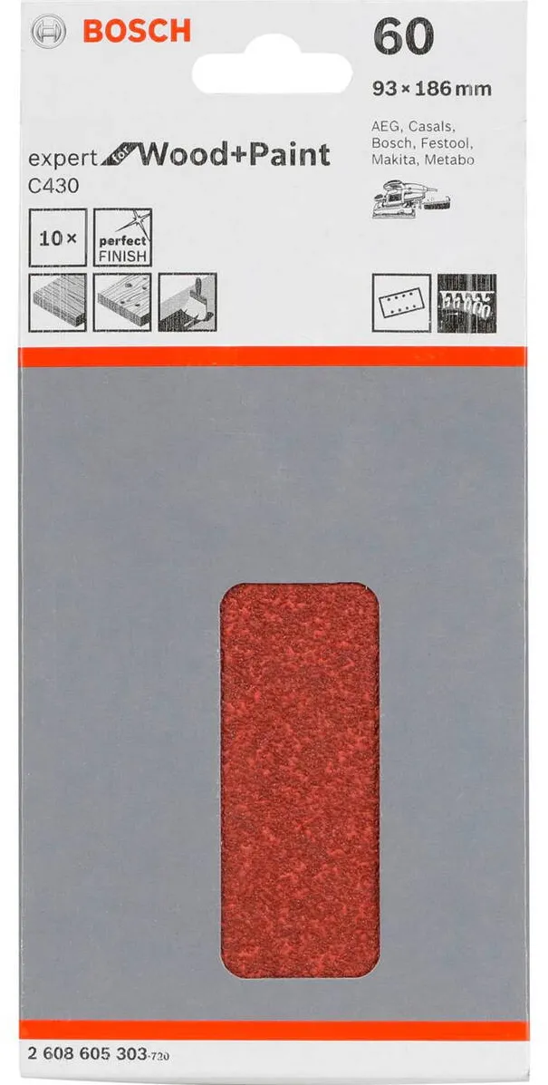 BOSCH Banda Abraziva C 430 Wood + Lacquer 93x186MM Grit 60 10 pcs