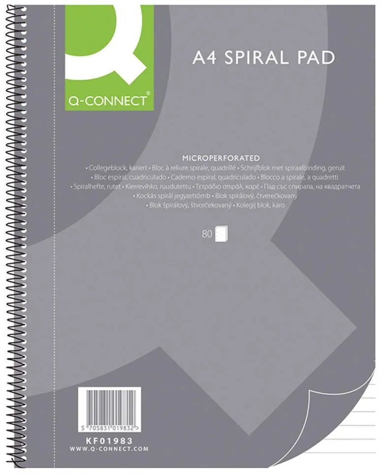 Q-CONNECT Caiet cu spirala, A4, 80 file - 70g/mp, 4 perf., coperti carton, Q-Connect - dictando