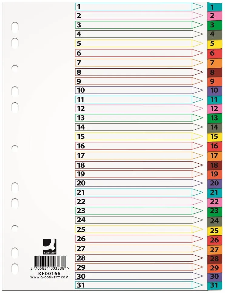 Q-CONNECT Index carton alb Mylar numeric 1-31, margine PP color, A4, 170g/mp, Q-Connect