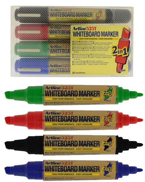 Artline Marker pentru tabla de scris ARTLINE 525T, doua capete - varf rotund 2.0mm/tesit 5.0mm, 4 culori/set