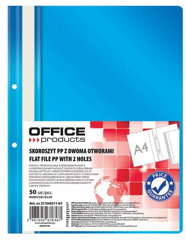 Office Products Dosar plastic PP cu sina, cu gauri, grosime 100/170microni, 50 buc/set, Office Products - albastru