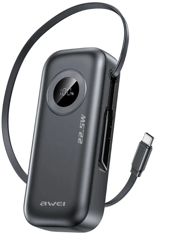 AWEI PowerBank AWEI PA-9 10000mAh 22.5W cu cablu USB-C retractabil, negru, 124x54x26mm