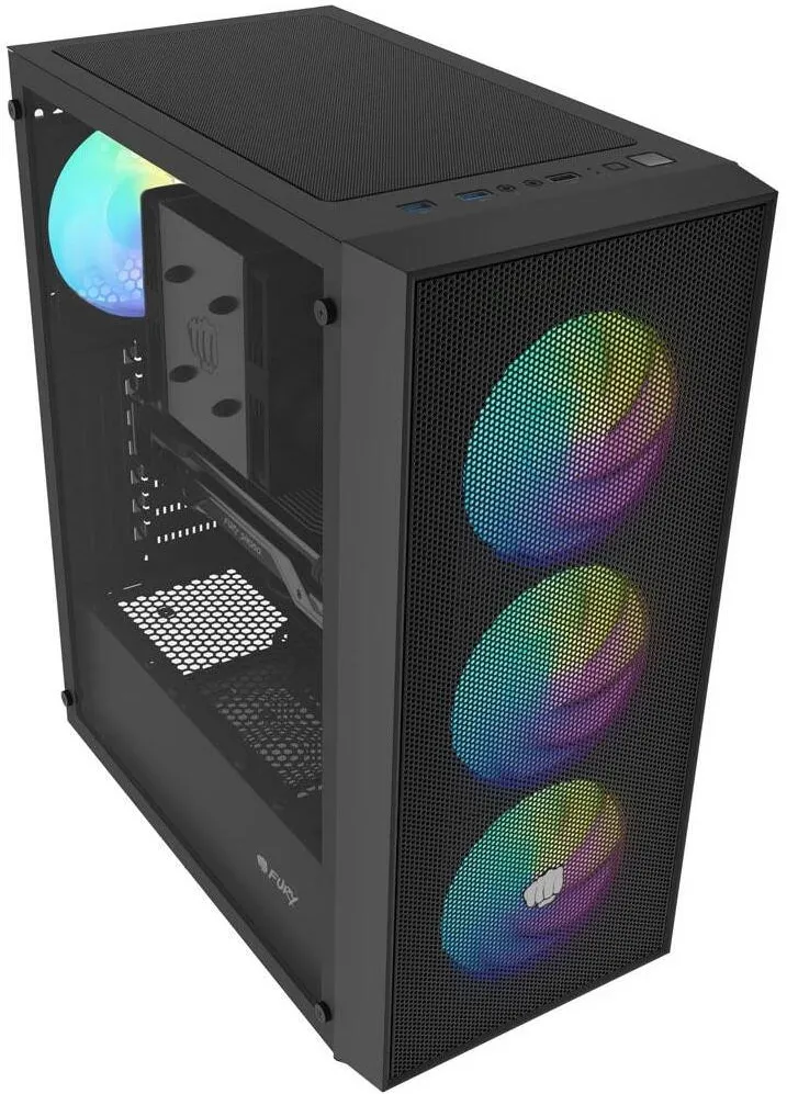 Carcasa PC Fury SH8F, midi tower, panou lateral din sticla, 3 ventilatoare argb frontale incluse, negru, 1 buc