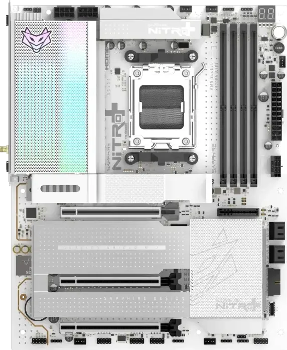 Placa de Baza SAPPHIRE NITRO+ X870EA PHANTOMLINK Polar Edition, AM5 X870E, 4x DDR5 pana la 5600MHz, max. 256GB, 3x PCIe x16, 4x M.2, 4x SATA3, USB4/USB3.2, Wi‑Fi, Bluetooth, 5Gb/s LAN, HDMI, 7.1 SPDIF, RGB, ATX, Alb