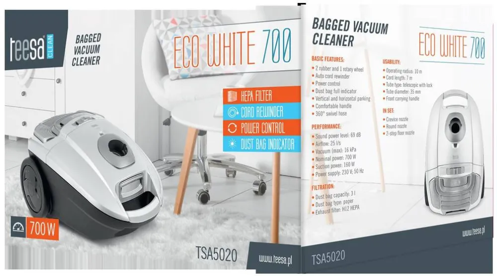 Aspirator teesa cu sac TSA5020 Eco White 700W 3 litri Alb