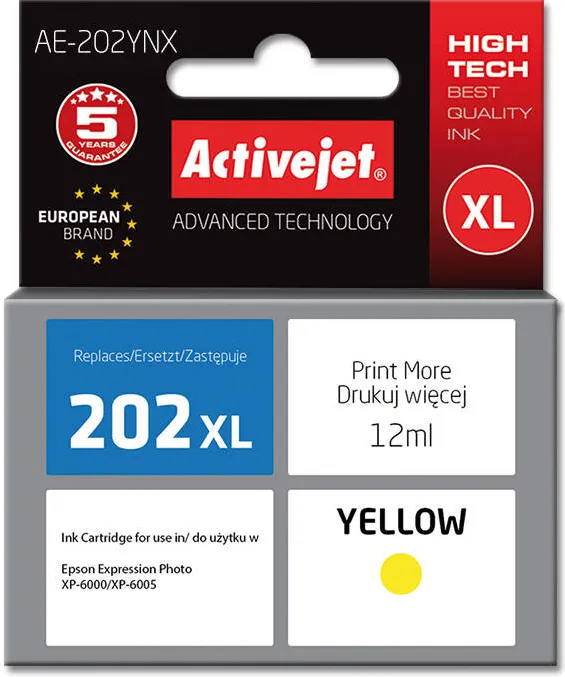 Cartus Imprimanta ACTIVEJET Compatibil AE-202YNX for Epson printer, Epson 202XL H44010 replacement; Supreme; 12 ml; yellow